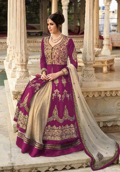 Magenta Embroidery Velvet Kurta Set