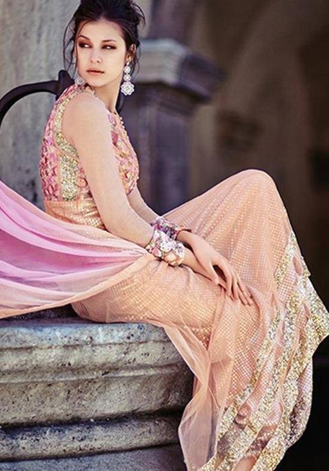 Beige Sequins Embroidery Work Net Kurta Set