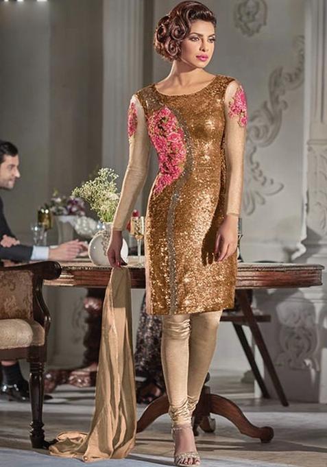 Beige Sequins Embroidery Work Georgette Kurta Set