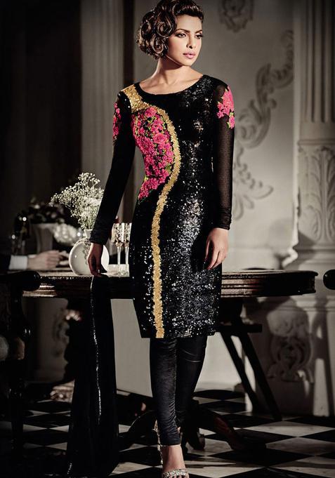 Black Sequins Embroidery Work Georgette Kurta Set