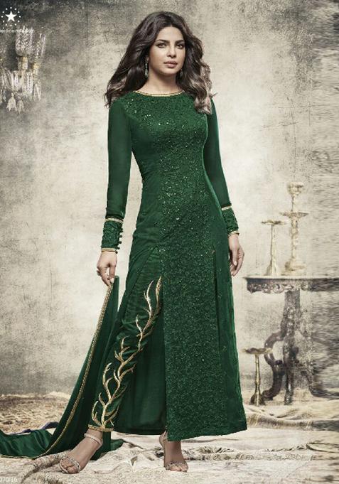 Green Sequins Embroidery Work Georgette Kurta Set
