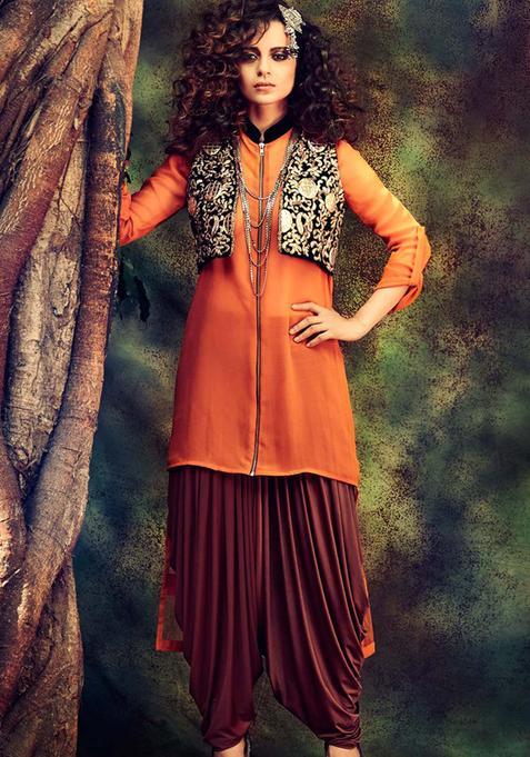 Orange Sequins Embroidery Work Georgette Kurta Set
