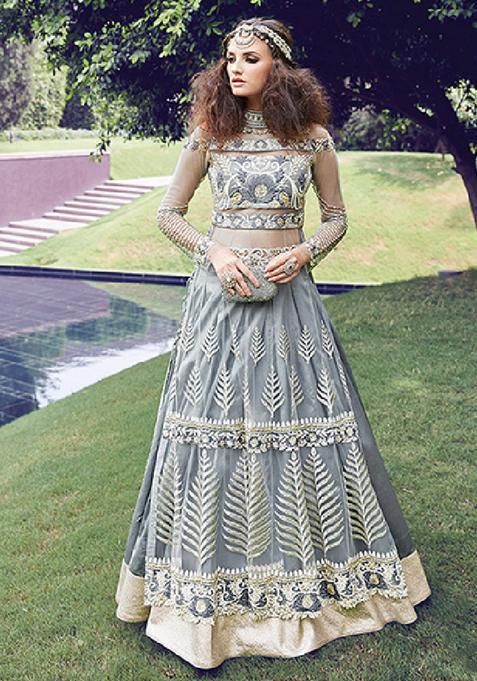 Grey Embroidery Net Kurta Set