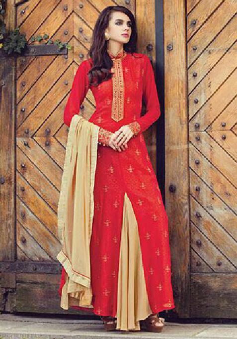 Red Embroidery Silk Kurta Set