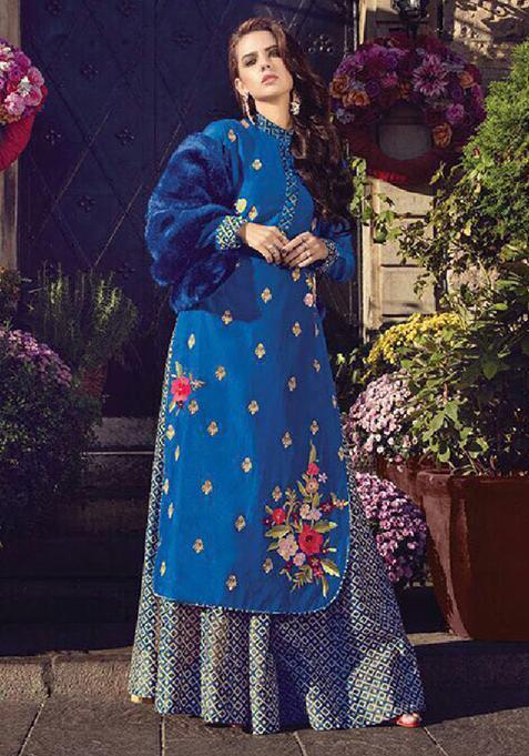Blue Embroidery Silk Kurta Set