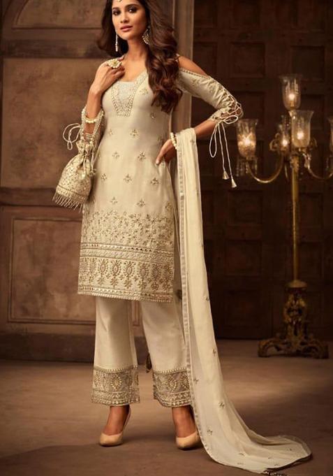 Cream Embroidery Georgette Kurta Set