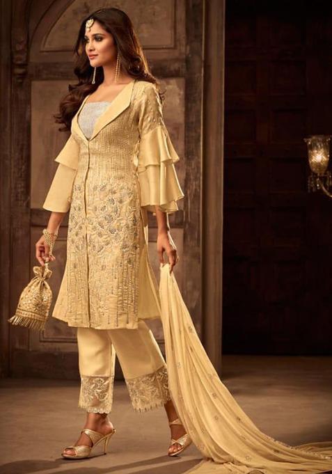 Cream Embroidery Georgette Kurta Set