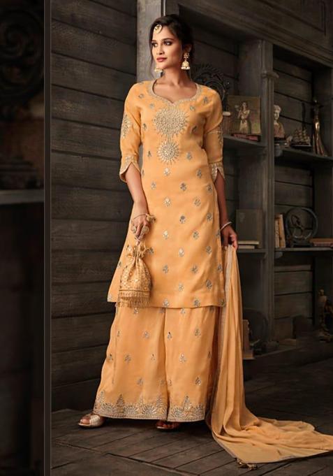 Orange Embroidery Georgette Kurta Set