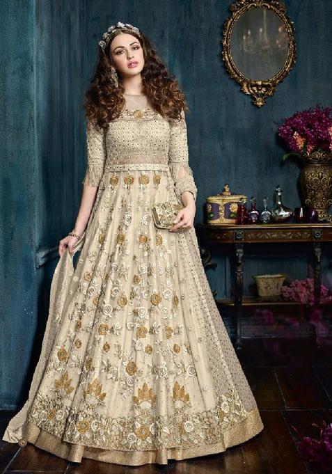 Cream Embroidery Net Kurta Set
