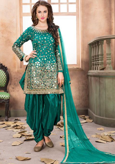 Teal Green Embroidery Silk Kurta Set