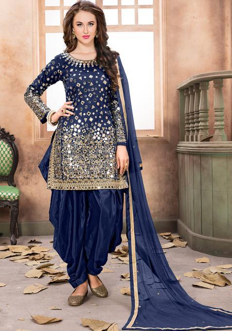 Navy Blue Embroidery Silk Kurta Set