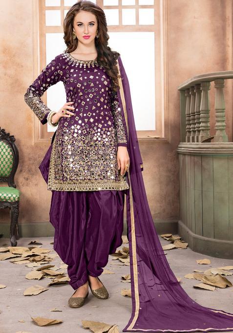 Purple Embroidery Silk Kurta Set