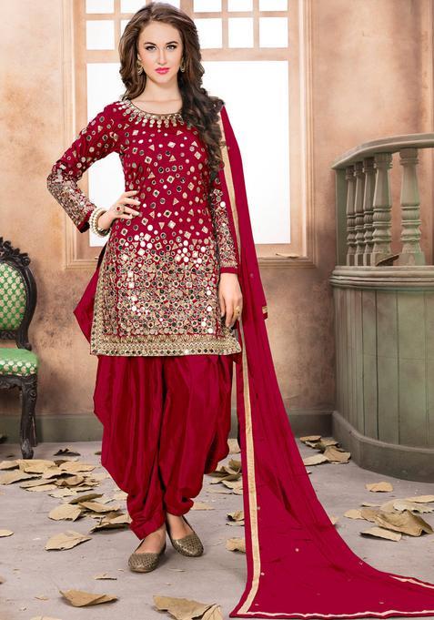 Red Embroidery Silk Kurta Set