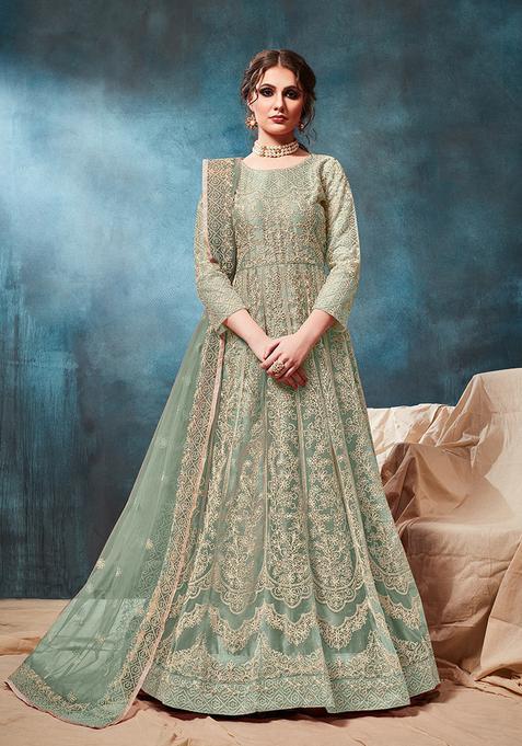 Green Embroidery Net Kurta Set
