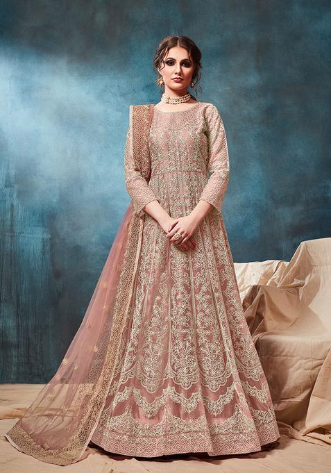 Peach Embroidery Net Kurta Set
