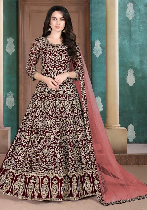 maroon Embroidery Georgette Kurta Set