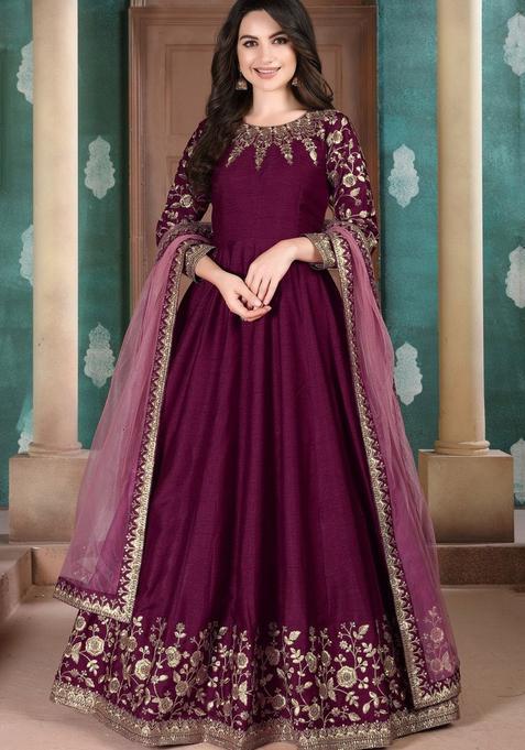 Wine Embroidery Silk Kurta Set