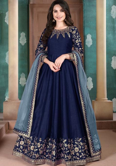 Blue Embroidery Silk Kurta Set