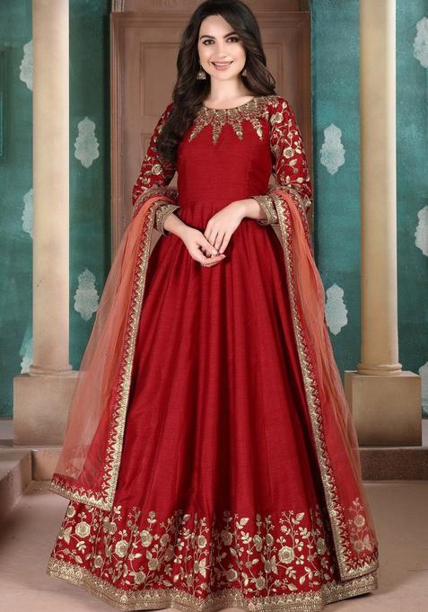 Red Embroidery Silk Kurta Set