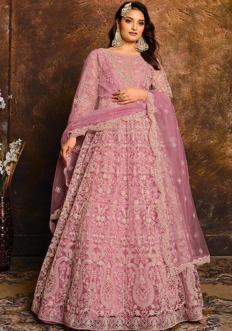 Pink Embroidery Net Kurta Set