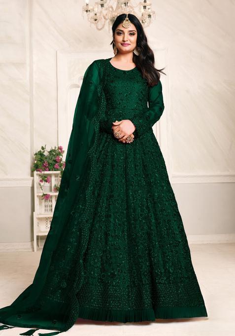 Green Embroidery Net Kurta Set