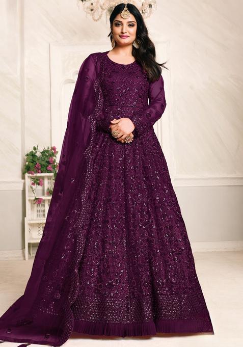 Wine Embroidery Net Kurta Set