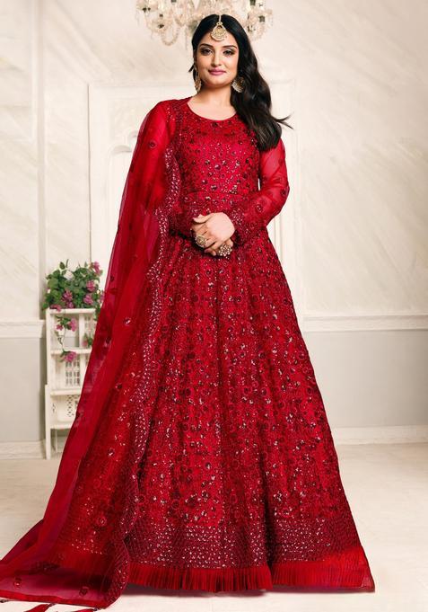 Red Embroidery Net Kurta Set