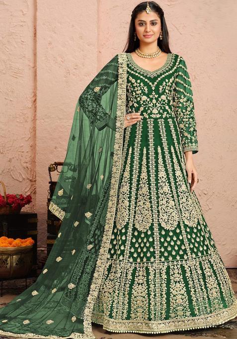 Green Embroidery Net Kurta Set