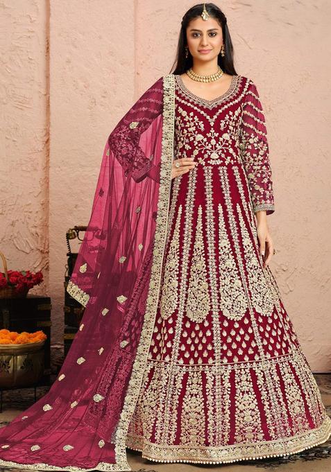 Pink Embroidery Net Kurta Set
