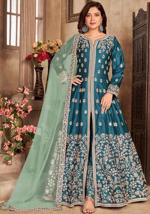Teal blue Embroidery Silk Kurta Set