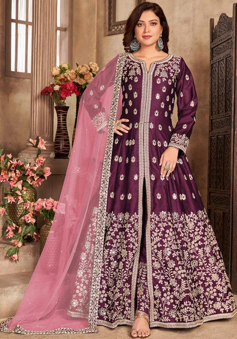 Wine Embroidery Silk Kurta Set