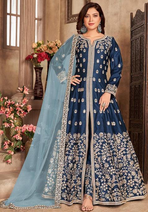 Navy blue Embroidery Silk Kurta Set