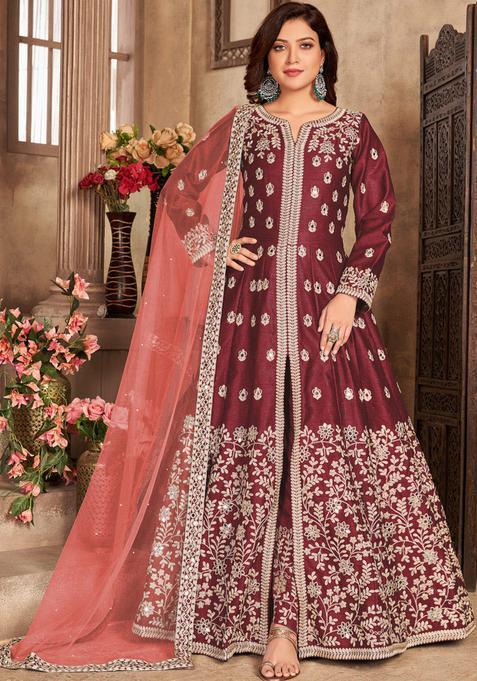 maroon Embroidery Silk Kurta Set