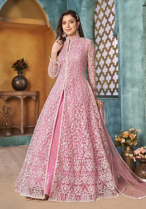 Pink Embroidery Net Kurta Set