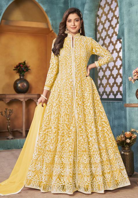 Yellow Embroidery Net Kurta Set