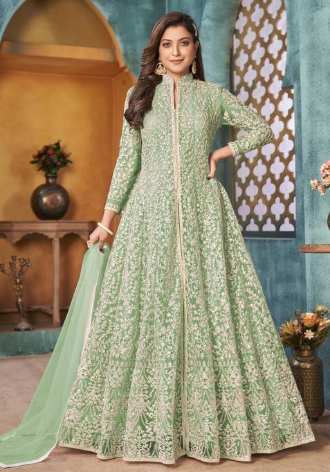 Sea Green Embroidery Net Kurta Set