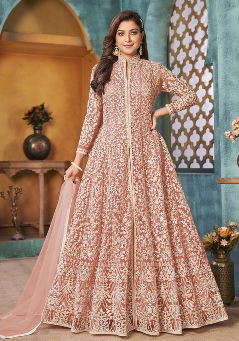 Peach Embroidery Net Kurta Set