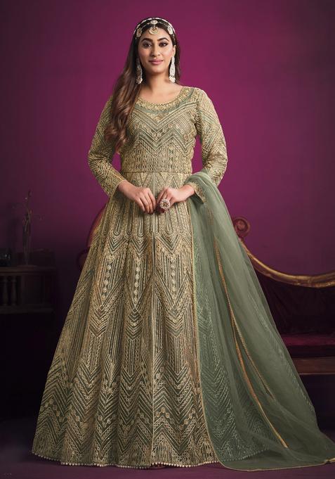 Sea Green Embroidery Net Kurta Set