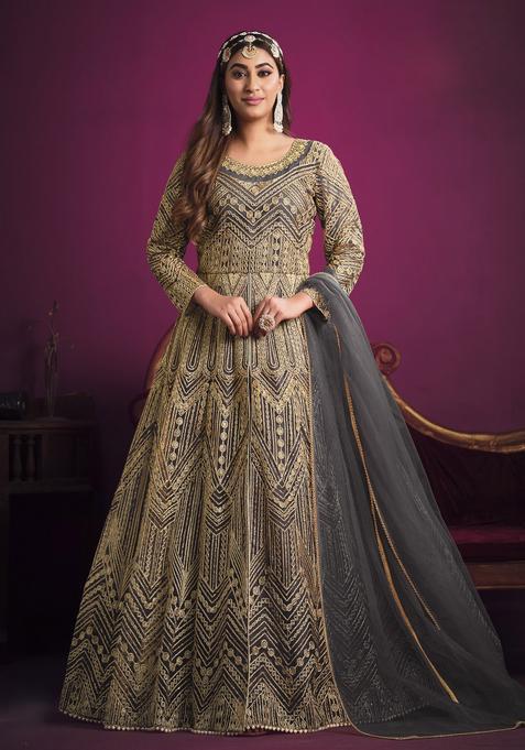 Grey Embroidery Net Kurta Set