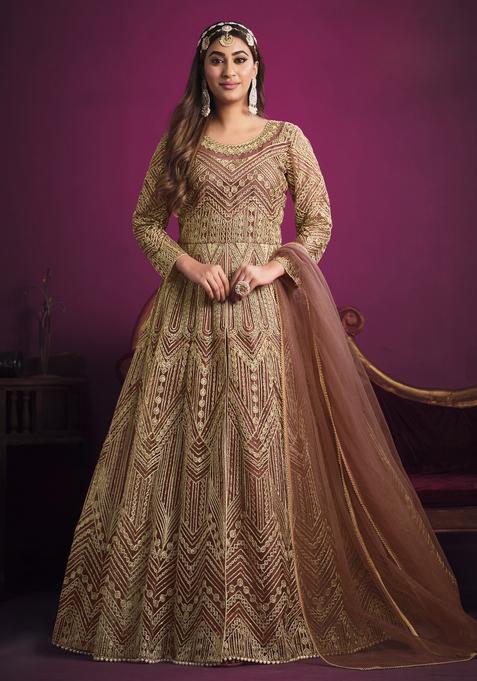 Peach Embroidery Net Kurta Set