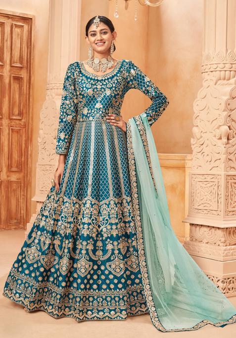 Teal Embroidery Silk Kurta Set