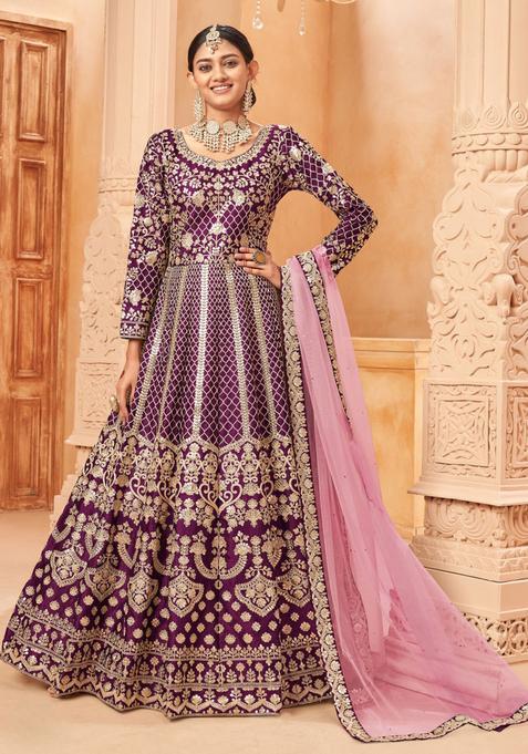 Wine Embroidery Silk Kurta Set