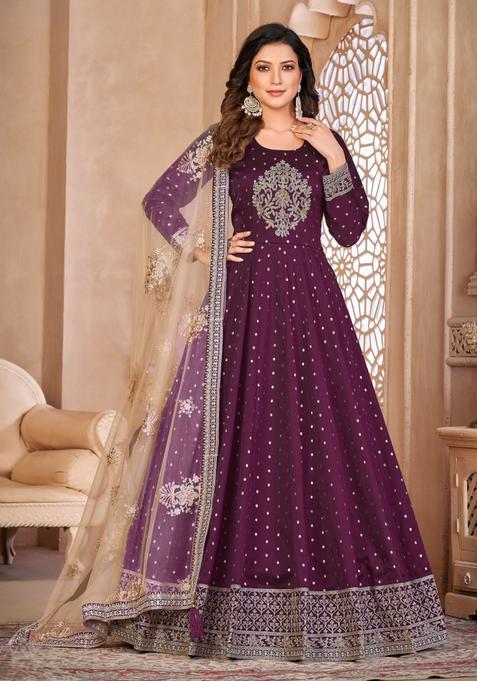 Wine Embroidery Silk Kurta Set