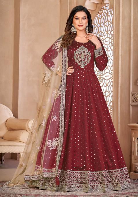 Red Embroidery Silk Kurta Set