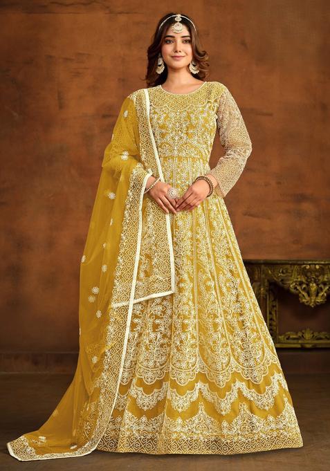 Yellow Embroidery Net Kurta Set