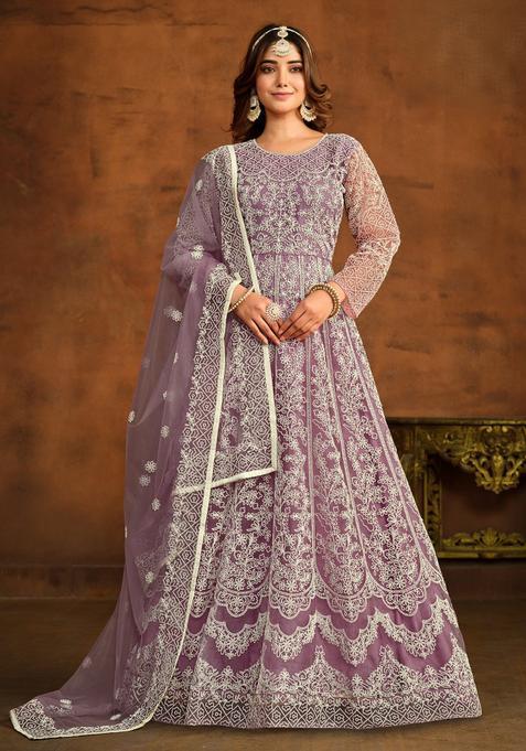 Lavender Embroidery Net Kurta Set