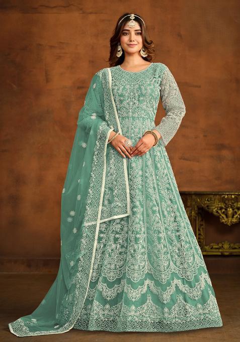 Sea Green Embroidery Net Kurta Set
