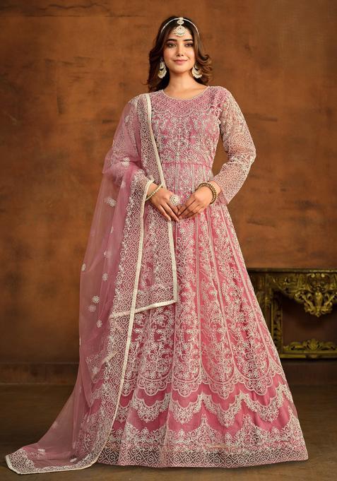 Peach Embroidery Net Kurta Set