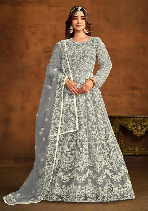 Grey Embroidery Net Kurta Set