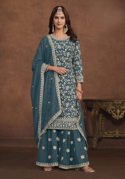 teal blue Embroidery Georgette Kurta Set